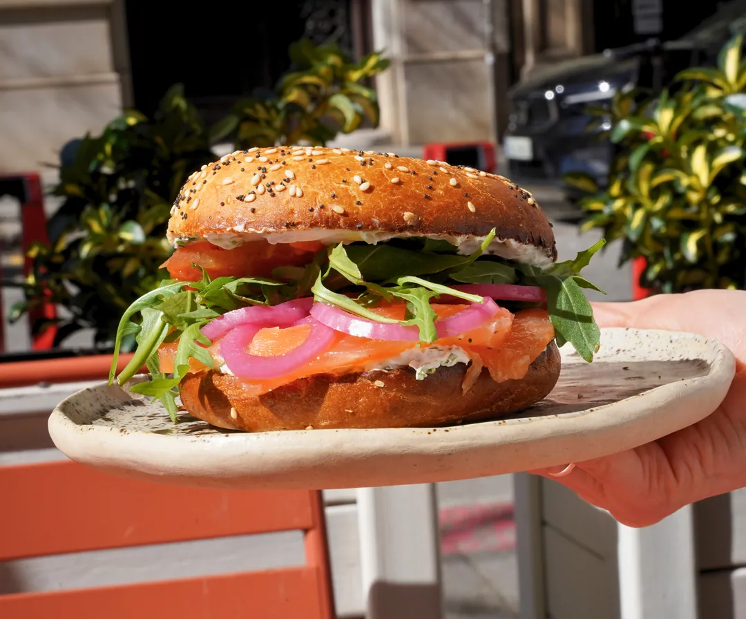 ARAU bagel served on a wooden board